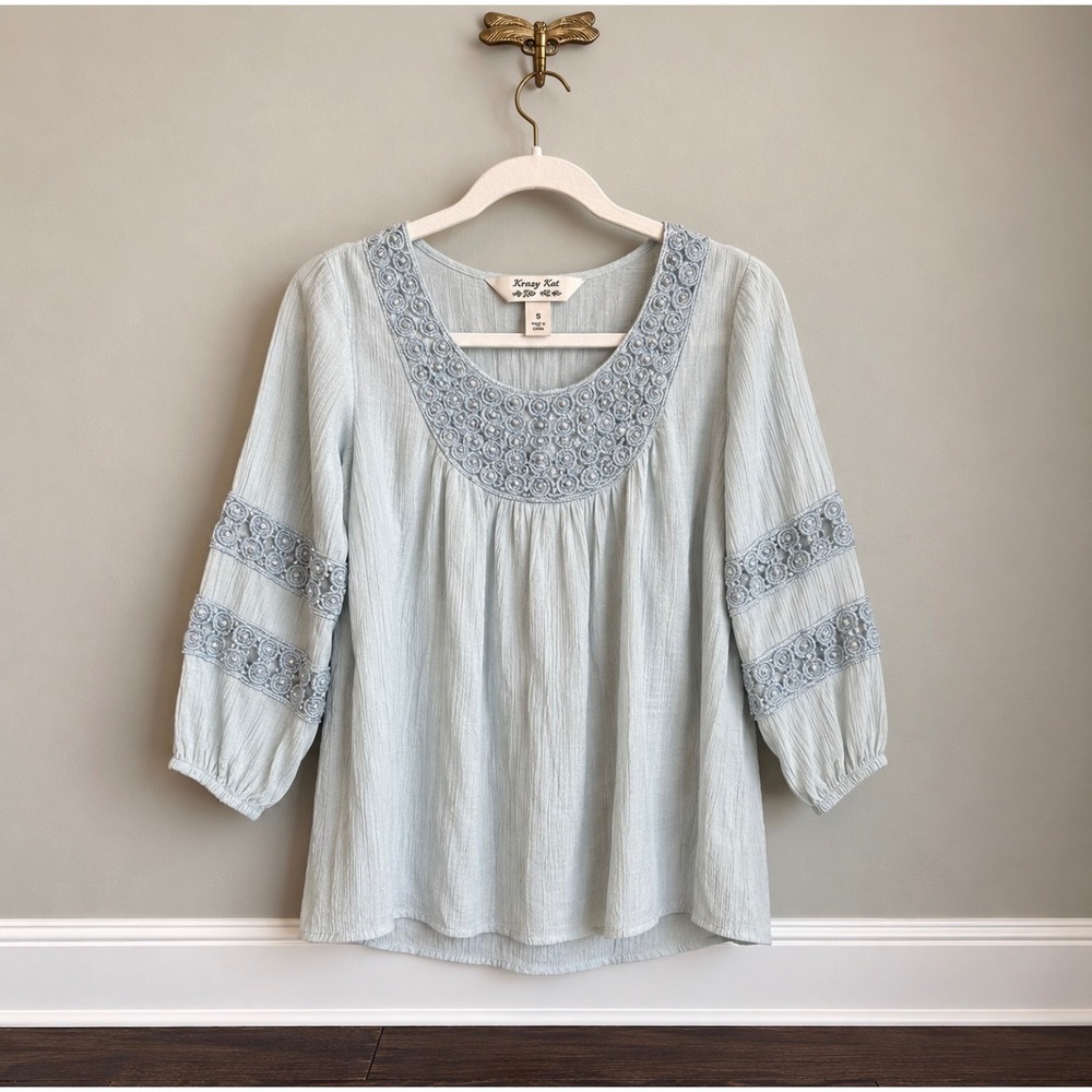 Krazy Kat Boho Peasant Blouse Sage Green Embroidered Pearl Lace Top Small
